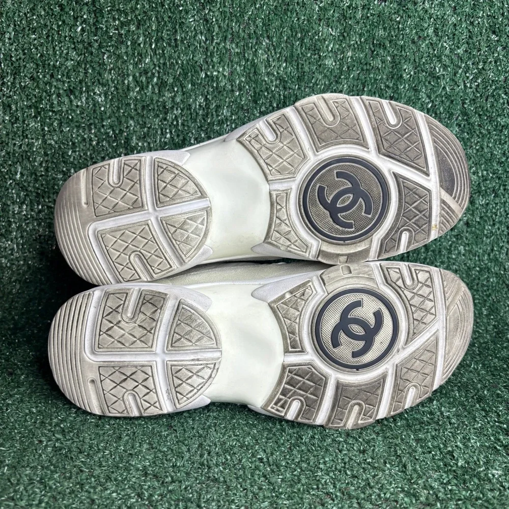 Chanel CC Logo Low Top Suede Nylon Chunky Dad Lifestyle Sneakers White Women 9.5